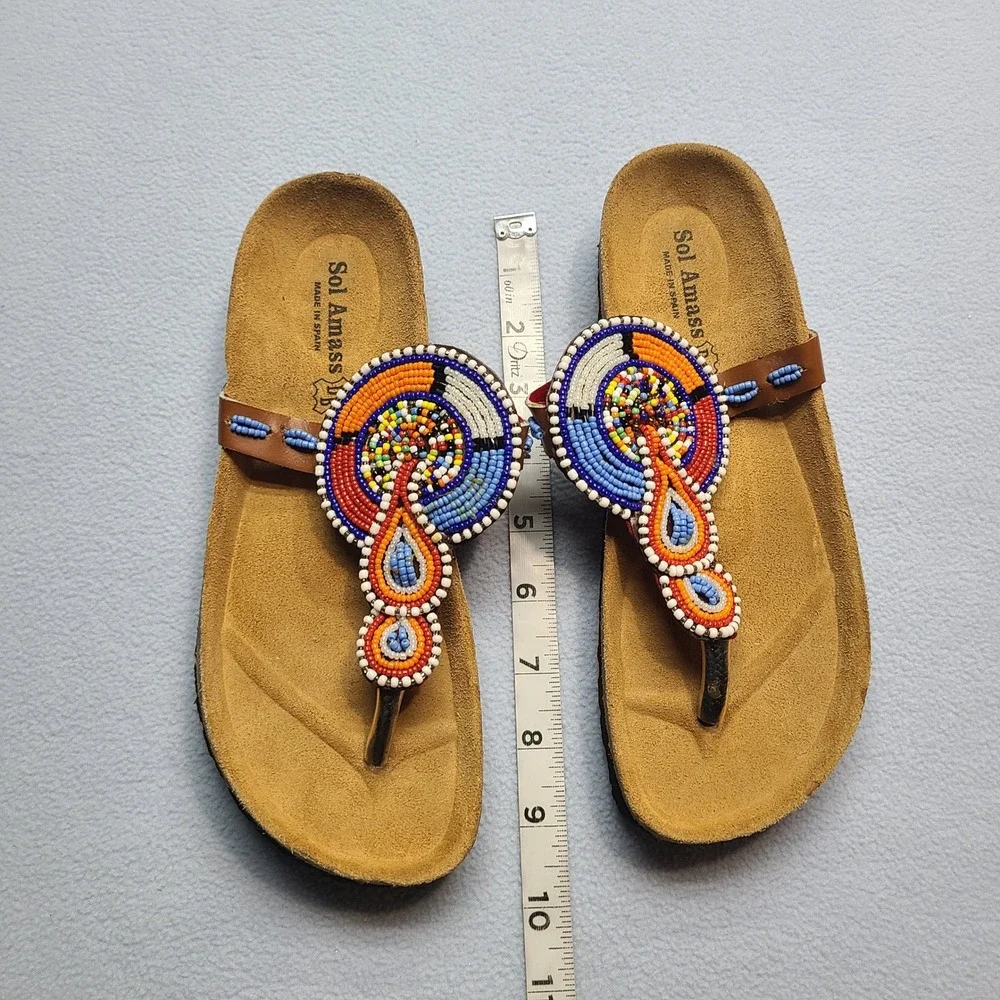 Sol Amass Beaded Thong Sandals Womens 37 Brown Excellent Boho Cork Slides - Picture 6 of 7